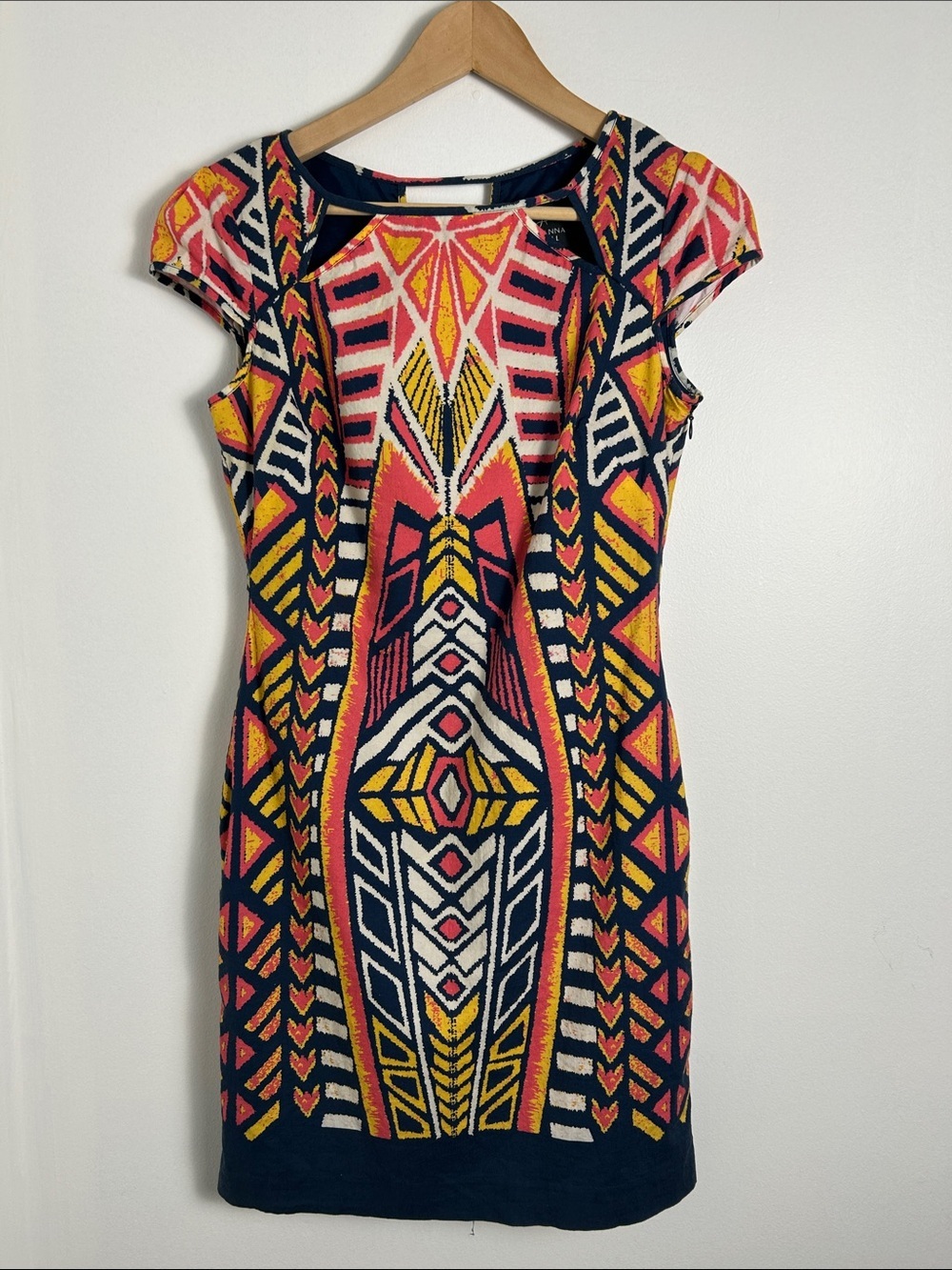 Adrianna Papell Geometric Sheath Dress Size 4 Coral Navy Yellow quality event